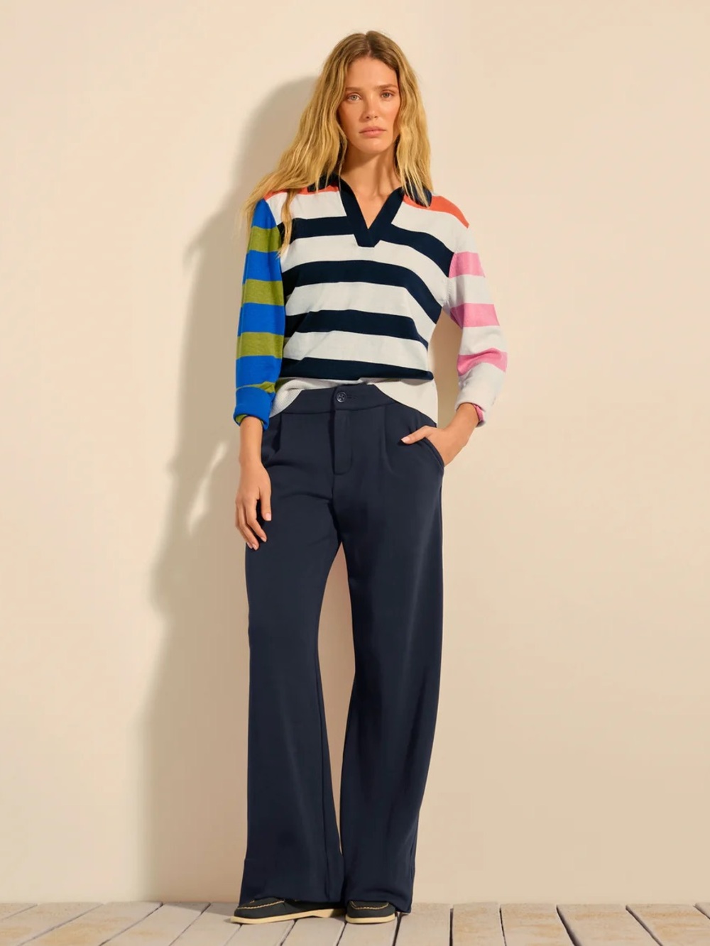 Cabi Blake Trouser Navy Wide Leg French Terry High Rise Pants Size Small